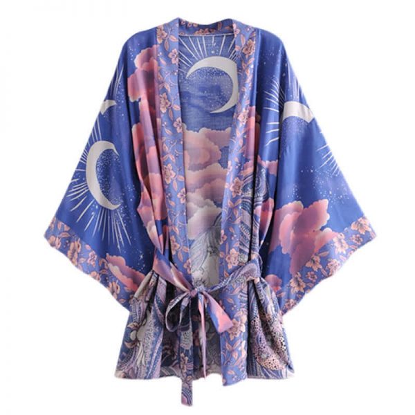 Vintage Moon Floral Print Cardigan Kimono Outerwear - Modakawa modakawa