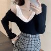 V-neck Tank Top Splice Fake Two Pieces Cold Shoulder Sweater  - Modakawa Modakawa