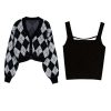 Colorblock Rhombus Print Cardigan Sweater Tank Top Two Pieces Set - Modakawa Modakawa