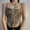 Vintage Floral Print Lace Up Corset Top - Modakawa Modakawa