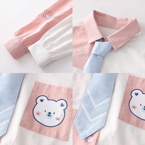 Cartoon Bear Print Colorblock Pocket Tie T-Shirt - Modakawa modakawa