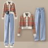 Colorblock Stripe Rainbow Cardigan Sweater Casual Pants Two Pieces - Modakawa modakawa